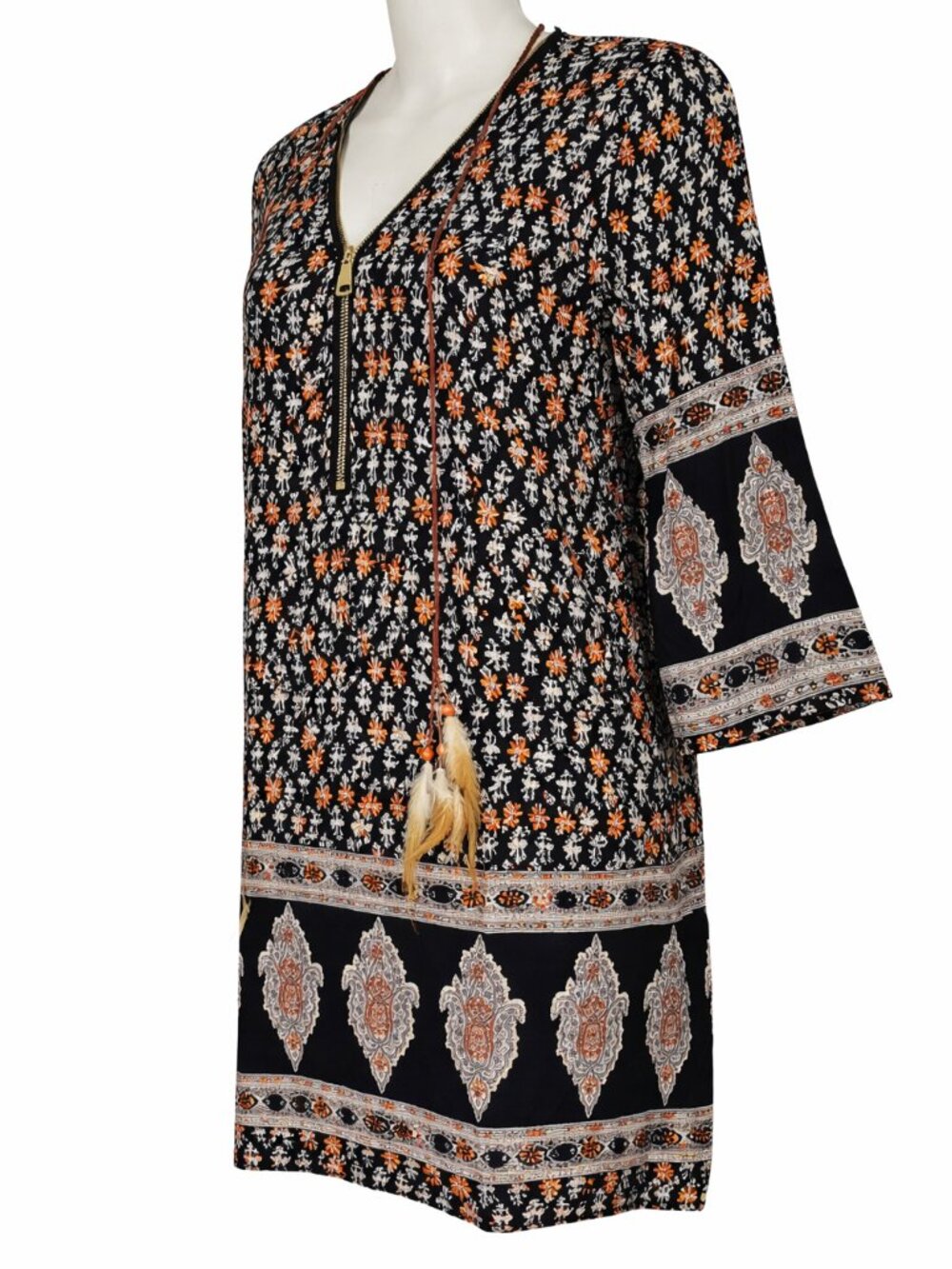 Kessley Boho Floral Dress Women’s Small Black White Bell Sleeve Belted NWOT - Picture 9 of 12